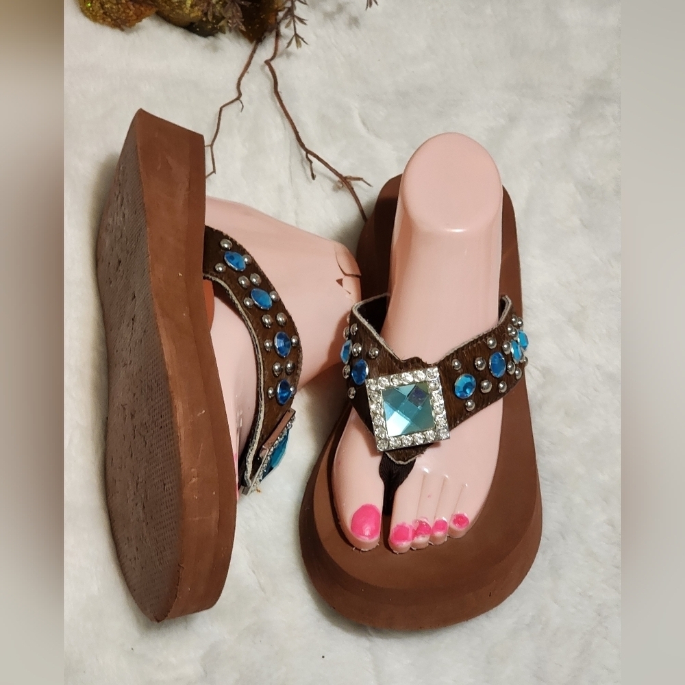 Brown and Blue Embellished Women's Sandals